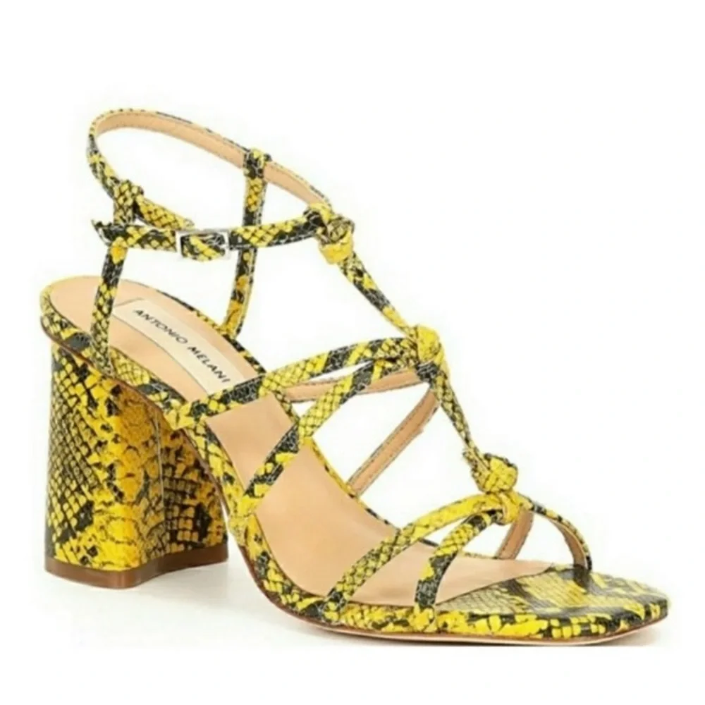 Antonio Melani Bayslie Yellow Black Snake Print Block Sandal Heels Women 7.5 EUC